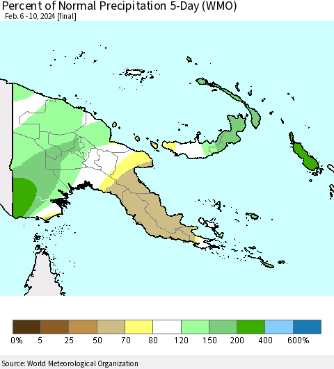 Papua New Guinea Percent of Normal Precipitation 5-Day (WMO) Thematic Map For 2/6/2024 - 2/10/2024