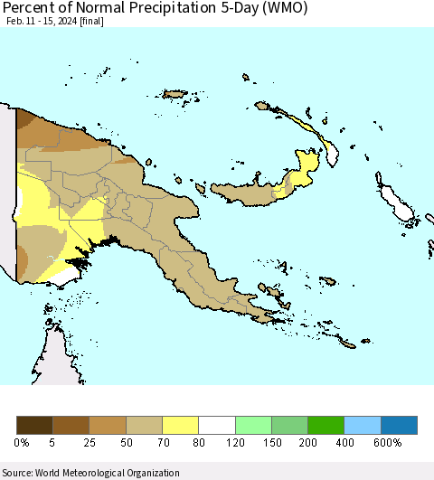 Papua New Guinea Percent of Normal Precipitation 5-Day (WMO) Thematic Map For 2/11/2024 - 2/15/2024