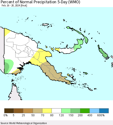 Papua New Guinea Percent of Normal Precipitation 5-Day (WMO) Thematic Map For 2/16/2024 - 2/20/2024