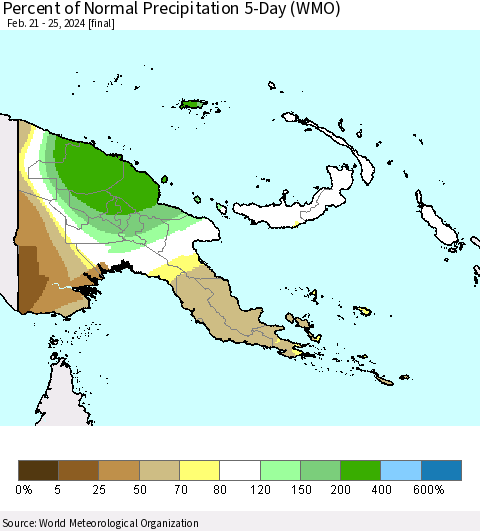 Papua New Guinea Percent of Normal Precipitation 5-Day (WMO) Thematic Map For 2/21/2024 - 2/25/2024