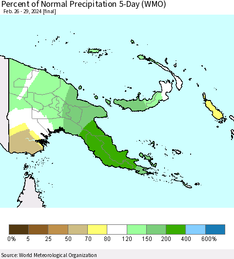 Papua New Guinea Percent of Normal Precipitation 5-Day (WMO) Thematic Map For 2/26/2024 - 2/29/2024