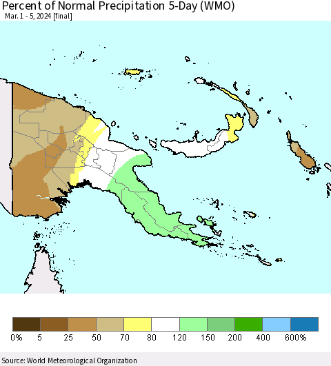 Papua New Guinea Percent of Normal Precipitation 5-Day (WMO) Thematic Map For 3/1/2024 - 3/5/2024