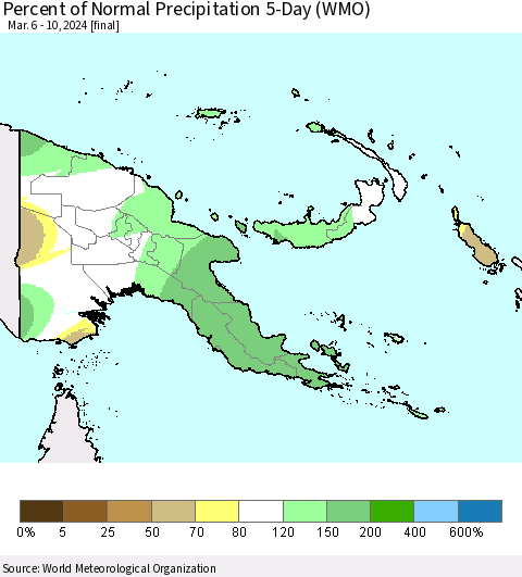 Papua New Guinea Percent of Normal Precipitation 5-Day (WMO) Thematic Map For 3/6/2024 - 3/10/2024