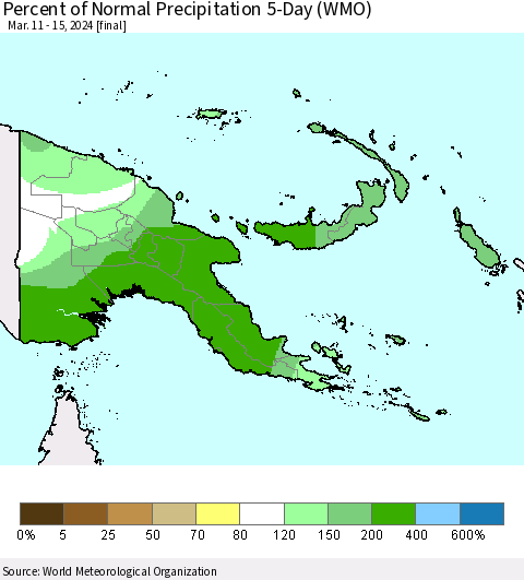 Papua New Guinea Percent of Normal Precipitation 5-Day (WMO) Thematic Map For 3/11/2024 - 3/15/2024
