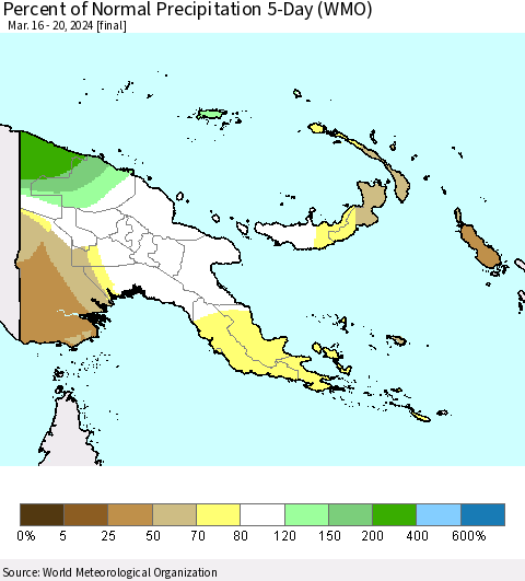 Papua New Guinea Percent of Normal Precipitation 5-Day (WMO) Thematic Map For 3/16/2024 - 3/20/2024