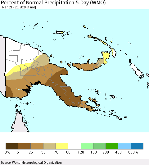 Papua New Guinea Percent of Normal Precipitation 5-Day (WMO) Thematic Map For 3/21/2024 - 3/25/2024