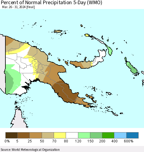 Papua New Guinea Percent of Normal Precipitation 5-Day (WMO) Thematic Map For 3/26/2024 - 3/31/2024