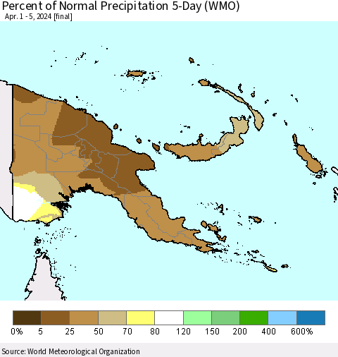 Papua New Guinea Percent of Normal Precipitation 5-Day (WMO) Thematic Map For 4/1/2024 - 4/5/2024