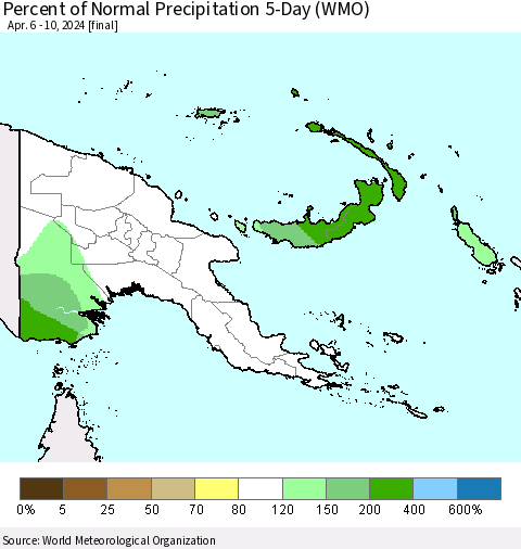 Papua New Guinea Percent of Normal Precipitation 5-Day (WMO) Thematic Map For 4/6/2024 - 4/10/2024