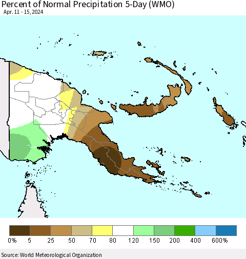 Papua New Guinea Percent of Normal Precipitation 5-Day (WMO) Thematic Map For 4/11/2024 - 4/15/2024