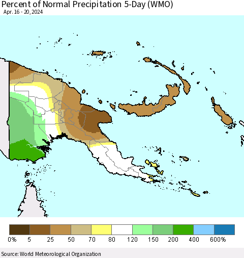 Papua New Guinea Percent of Normal Precipitation 5-Day (WMO) Thematic Map For 4/16/2024 - 4/20/2024