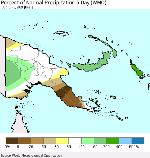 Papua New Guinea Percent of Normal Precipitation 5-Day (WMO) Thematic Map For 6/1/2024 - 6/5/2024