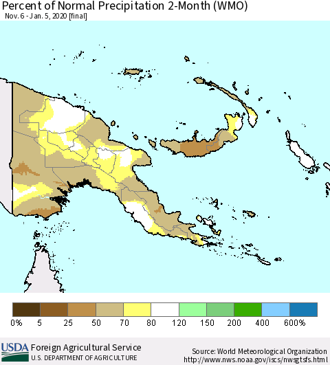 Papua New Guinea Percent of Normal Precipitation 2-Month (WMO) Thematic Map For 11/6/2019 - 1/5/2020