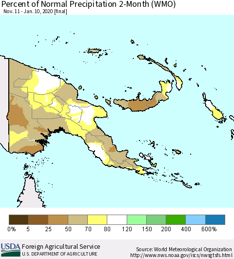 Papua New Guinea Percent of Normal Precipitation 2-Month (WMO) Thematic Map For 11/11/2019 - 1/10/2020