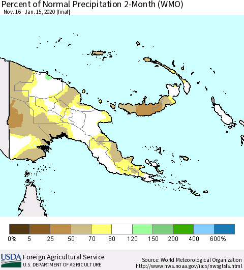 Papua New Guinea Percent of Normal Precipitation 2-Month (WMO) Thematic Map For 11/16/2019 - 1/15/2020
