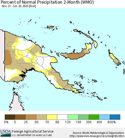Papua New Guinea Percent of Normal Precipitation 2-Month (WMO) Thematic Map For 11/21/2019 - 1/20/2020