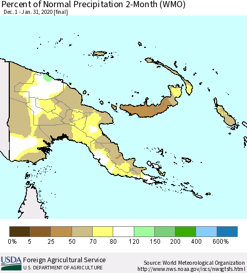 Papua New Guinea Percent of Normal Precipitation 2-Month (WMO) Thematic Map For 12/1/2019 - 1/31/2020