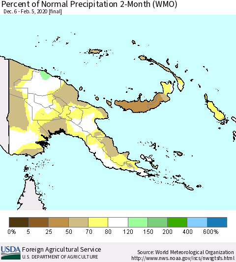 Papua New Guinea Percent of Normal Precipitation 2-Month (WMO) Thematic Map For 12/6/2019 - 2/5/2020