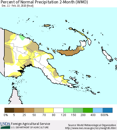 Papua New Guinea Percent of Normal Precipitation 2-Month (WMO) Thematic Map For 12/11/2019 - 2/10/2020