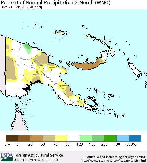Papua New Guinea Percent of Normal Precipitation 2-Month (WMO) Thematic Map For 12/21/2019 - 2/20/2020
