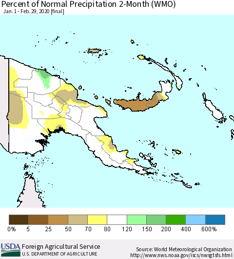 Papua New Guinea Percent of Normal Precipitation 2-Month (WMO) Thematic Map For 1/1/2020 - 2/29/2020