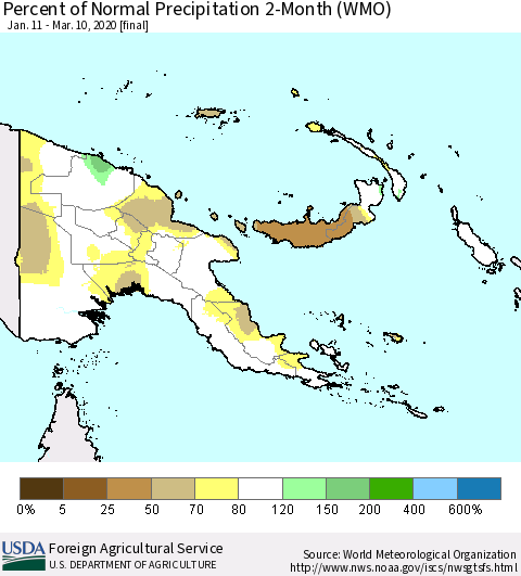 Papua New Guinea Percent of Normal Precipitation 2-Month (WMO) Thematic Map For 1/11/2020 - 3/10/2020