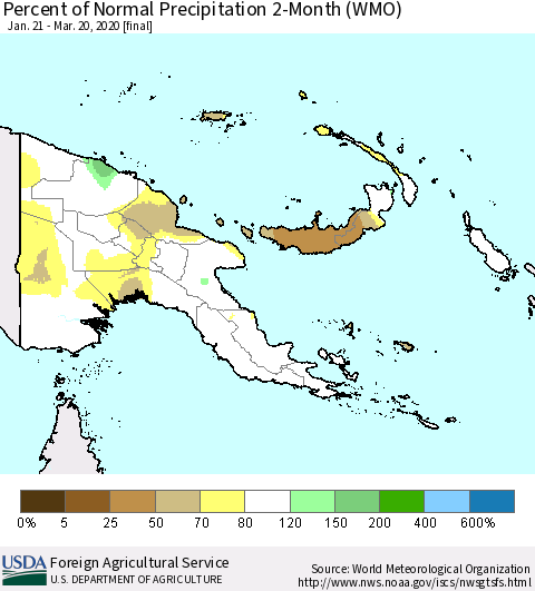 Papua New Guinea Percent of Normal Precipitation 2-Month (WMO) Thematic Map For 1/21/2020 - 3/20/2020