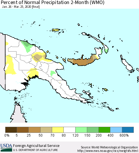 Papua New Guinea Percent of Normal Precipitation 2-Month (WMO) Thematic Map For 1/26/2020 - 3/25/2020