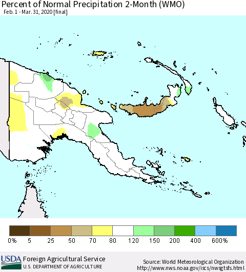 Papua New Guinea Percent of Normal Precipitation 2-Month (WMO) Thematic Map For 2/1/2020 - 3/31/2020
