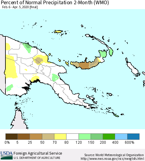 Papua New Guinea Percent of Normal Precipitation 2-Month (WMO) Thematic Map For 2/6/2020 - 4/5/2020