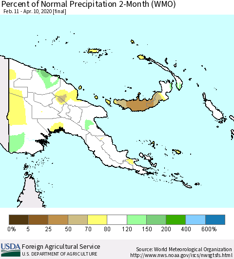 Papua New Guinea Percent of Normal Precipitation 2-Month (WMO) Thematic Map For 2/11/2020 - 4/10/2020