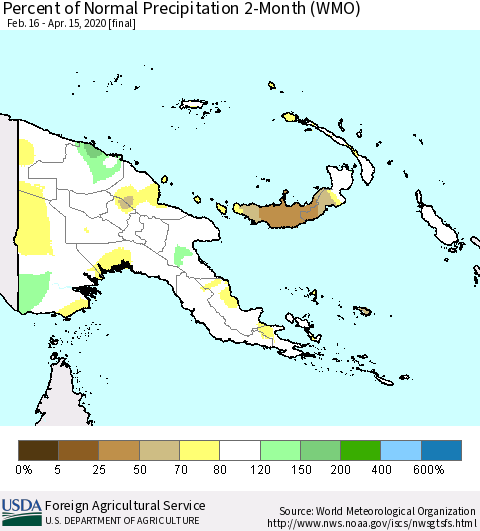 Papua New Guinea Percent of Normal Precipitation 2-Month (WMO) Thematic Map For 2/16/2020 - 4/15/2020