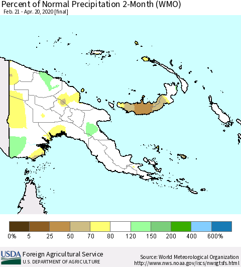 Papua New Guinea Percent of Normal Precipitation 2-Month (WMO) Thematic Map For 2/21/2020 - 4/20/2020