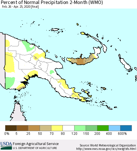 Papua New Guinea Percent of Normal Precipitation 2-Month (WMO) Thematic Map For 2/26/2020 - 4/25/2020