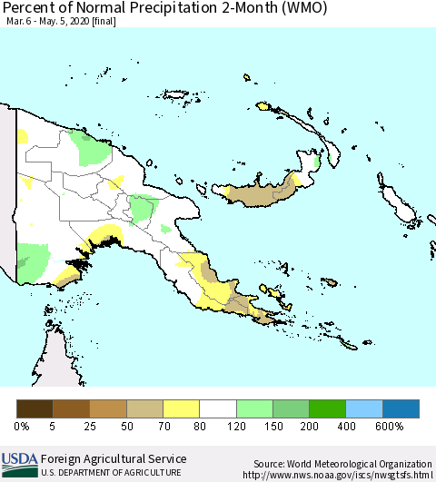 Papua New Guinea Percent of Normal Precipitation 2-Month (WMO) Thematic Map For 3/6/2020 - 5/5/2020