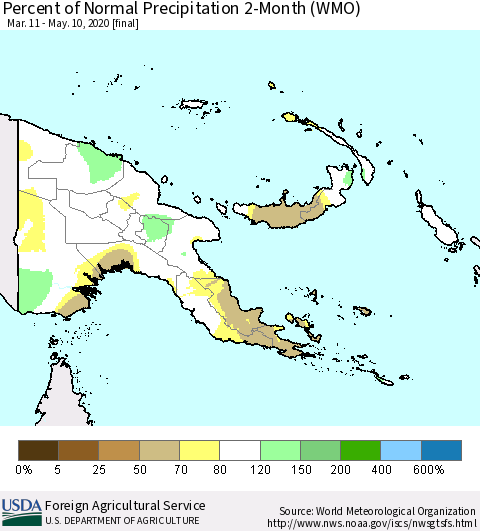 Papua New Guinea Percent of Normal Precipitation 2-Month (WMO) Thematic Map For 3/11/2020 - 5/10/2020