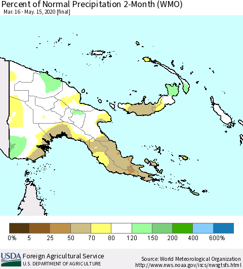 Papua New Guinea Percent of Normal Precipitation 2-Month (WMO) Thematic Map For 3/16/2020 - 5/15/2020