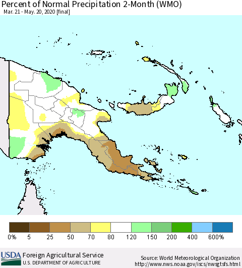 Papua New Guinea Percent of Normal Precipitation 2-Month (WMO) Thematic Map For 3/21/2020 - 5/20/2020