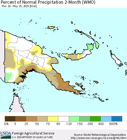 Papua New Guinea Percent of Normal Precipitation 2-Month (WMO) Thematic Map For 3/26/2020 - 5/25/2020