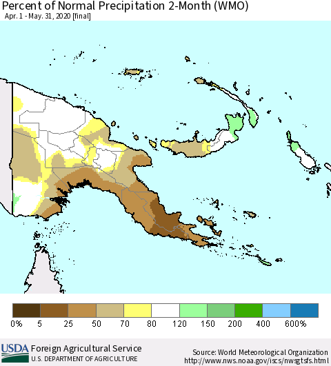 Papua New Guinea Percent of Normal Precipitation 2-Month (WMO) Thematic Map For 4/1/2020 - 5/31/2020