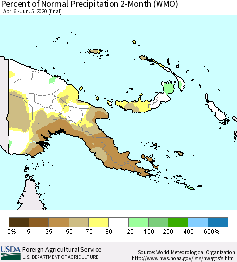 Papua New Guinea Percent of Normal Precipitation 2-Month (WMO) Thematic Map For 4/6/2020 - 6/5/2020