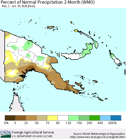 Papua New Guinea Percent of Normal Precipitation 2-Month (WMO) Thematic Map For 5/1/2020 - 6/30/2020