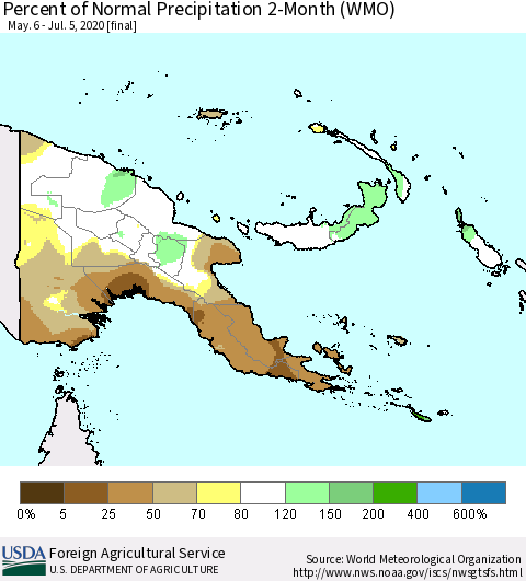 Papua New Guinea Percent of Normal Precipitation 2-Month (WMO) Thematic Map For 5/6/2020 - 7/5/2020