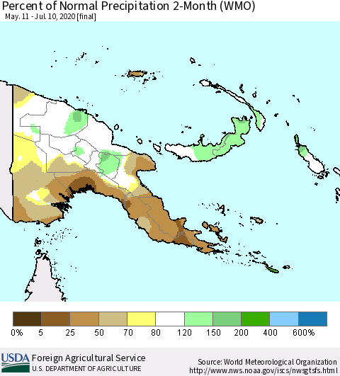 Papua New Guinea Percent of Normal Precipitation 2-Month (WMO) Thematic Map For 5/11/2020 - 7/10/2020