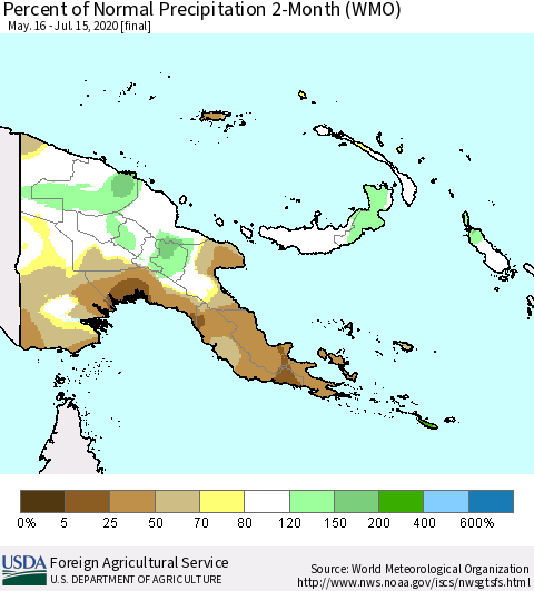 Papua New Guinea Percent of Normal Precipitation 2-Month (WMO) Thematic Map For 5/16/2020 - 7/15/2020