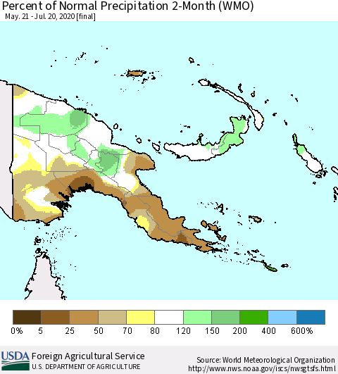 Papua New Guinea Percent of Normal Precipitation 2-Month (WMO) Thematic Map For 5/21/2020 - 7/20/2020