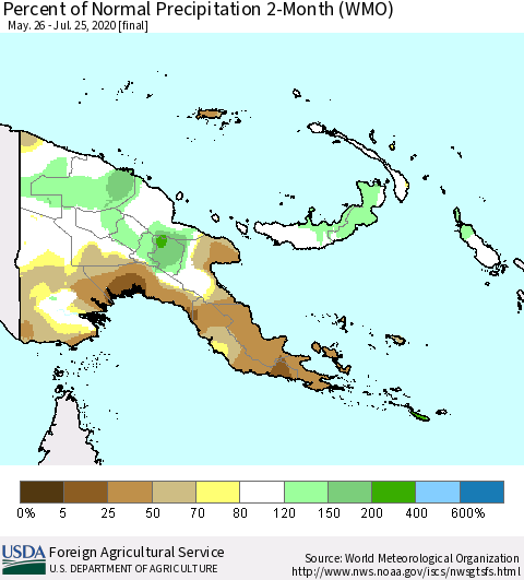 Papua New Guinea Percent of Normal Precipitation 2-Month (WMO) Thematic Map For 5/26/2020 - 7/25/2020