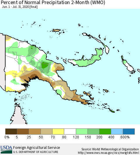 Papua New Guinea Percent of Normal Precipitation 2-Month (WMO) Thematic Map For 6/1/2020 - 7/31/2020