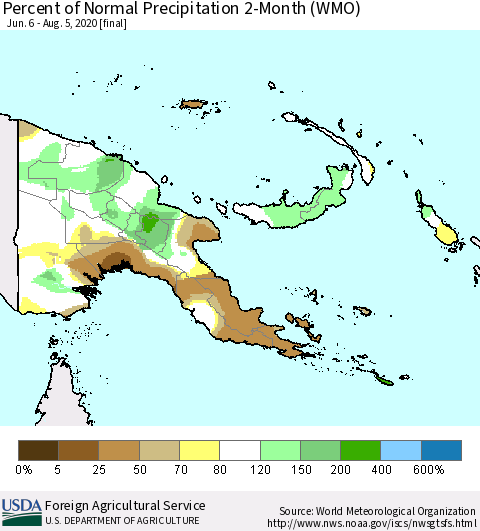 Papua New Guinea Percent of Normal Precipitation 2-Month (WMO) Thematic Map For 6/6/2020 - 8/5/2020