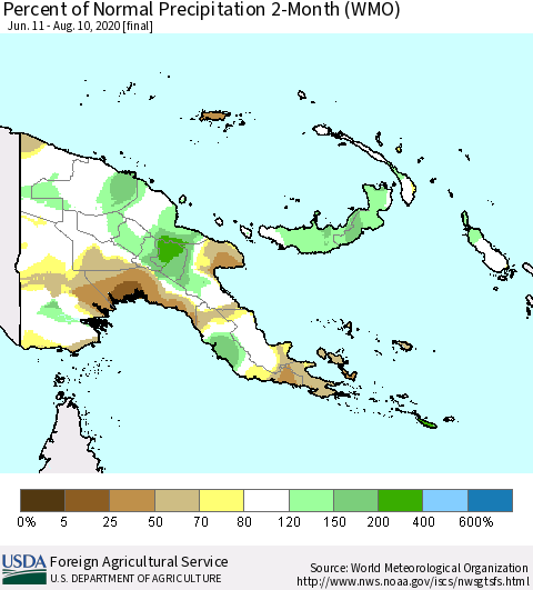 Papua New Guinea Percent of Normal Precipitation 2-Month (WMO) Thematic Map For 6/11/2020 - 8/10/2020
